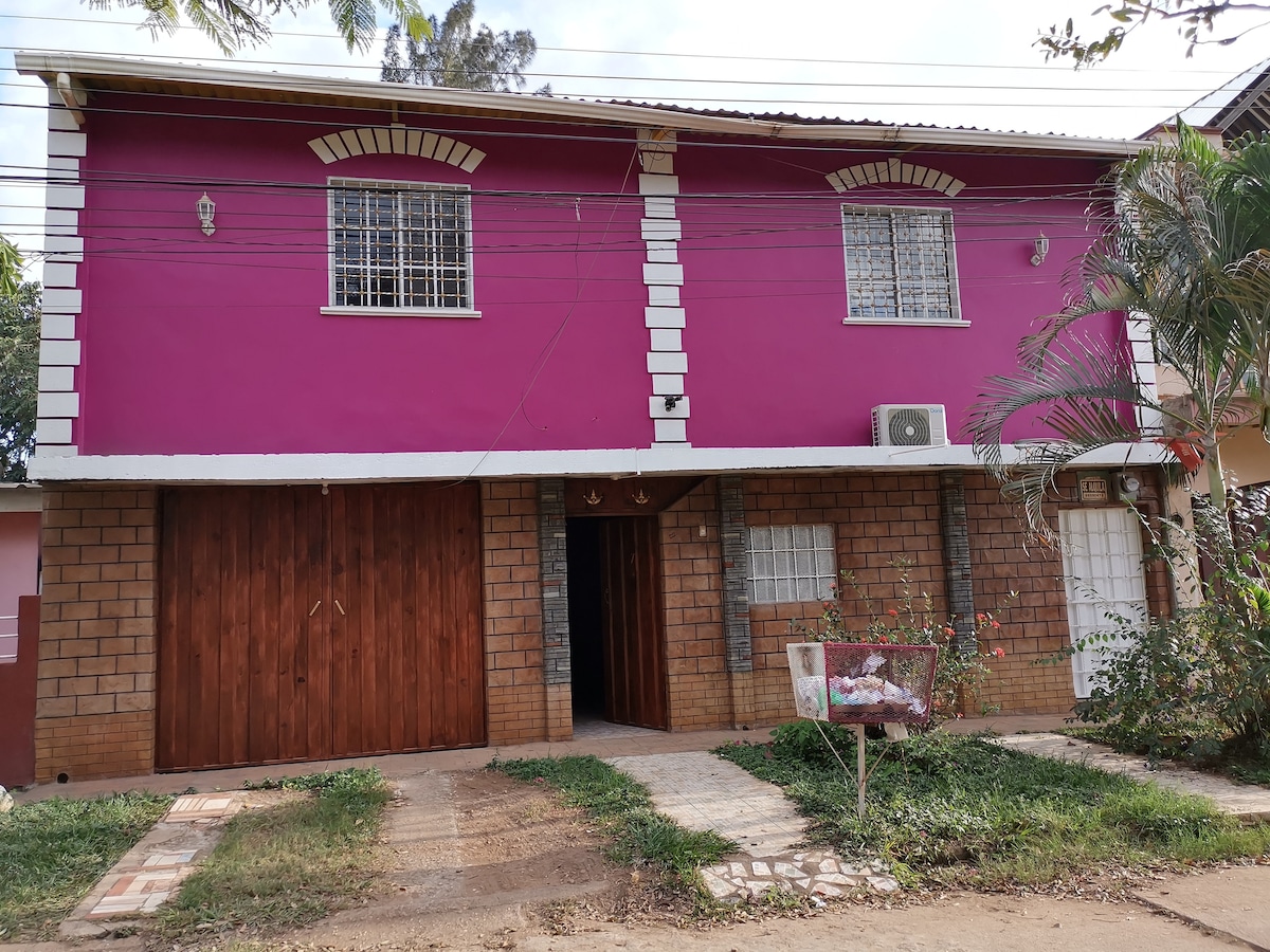 The two-story building is painted in a vibrant pink hue, with white trim accentuating the windows. The entrance features wooden doors, and the ground level is flanked by a garden area. The surrounding pathway is lined with greenery, providing a welcoming approach.