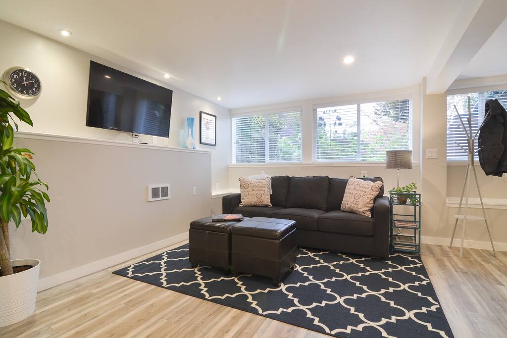 Light and bright living room. Pull out sofa and 49' TV.