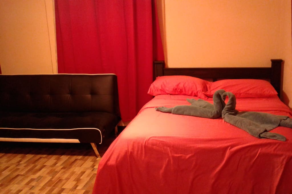 The bed, great mattress, 400 thread count sheets. That sofa has speakers which you can connect your phone for tunes.
