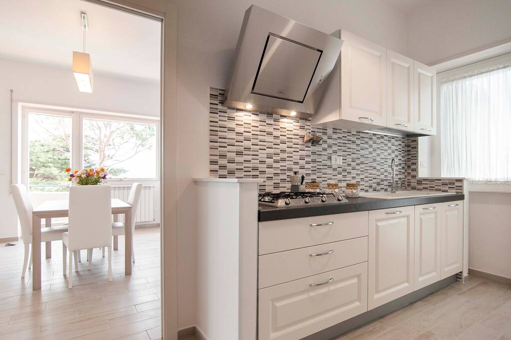 Kitchen and table set for breakfast