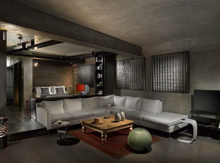 The living room and the bedroom, separated -if wanted- by a hidden design curtain
