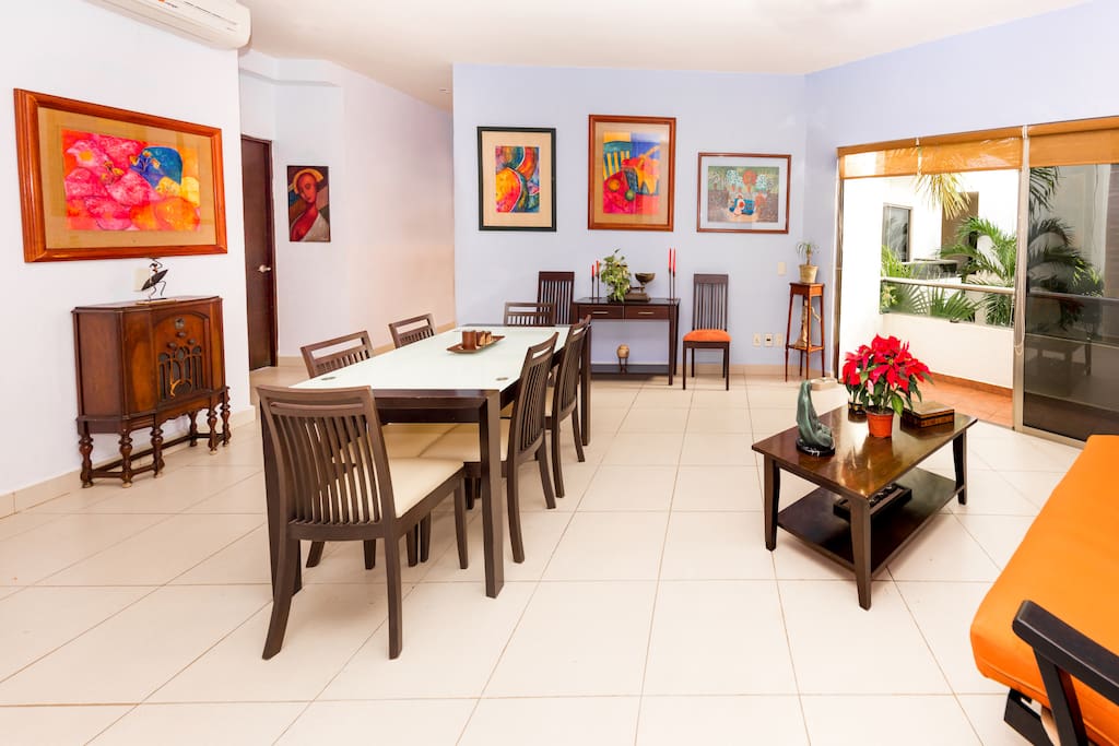 Dining room with balcony.