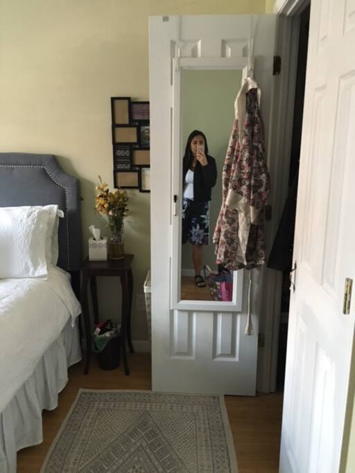 Closet unavailable for guest use, but I do flip my full-length mirror during your stay. Hamper behind the closet door is where dirty linens go at check-out. :)