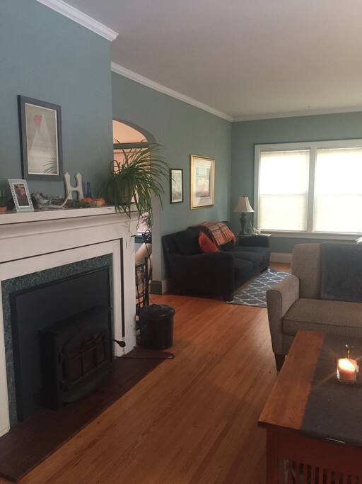 Living room featuring a wood burning fireplace.