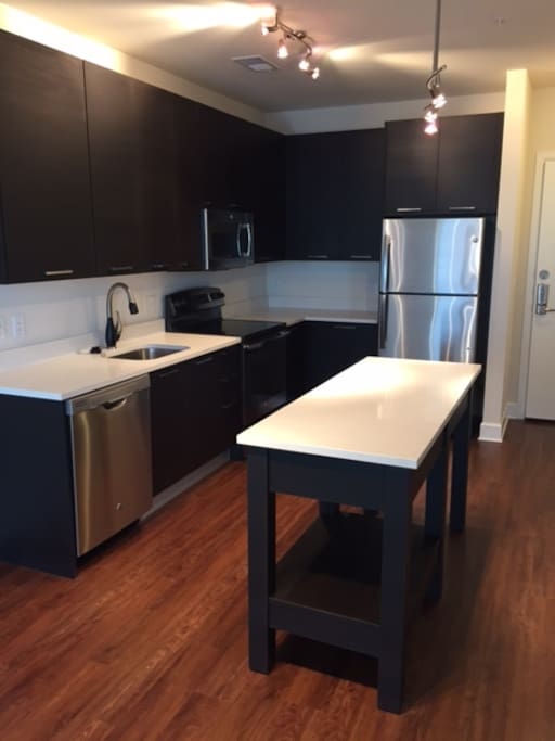 Full kitchen with stocked fridge, oven, stove and microwave. Dishwasher, etc. Everything is brand new!