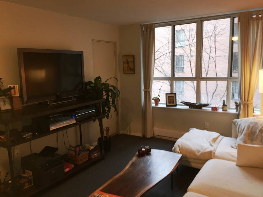 46in flatscreen, full sound system with DVD, VHS, MP3 connection. Board games available.