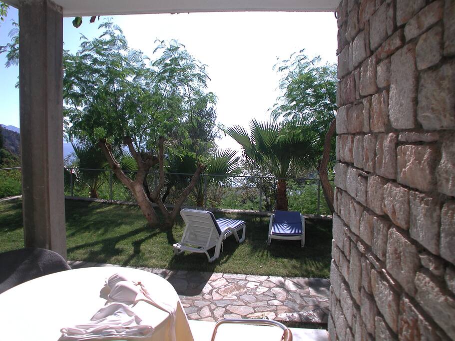 Patio and garden with sea views