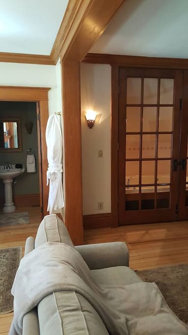 French doors to the double whirlpool tub.