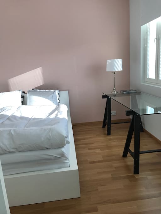 There is a 160cm wide double bed in the bedroom. The apartment is full of light and therefore every window has black-out curtains.