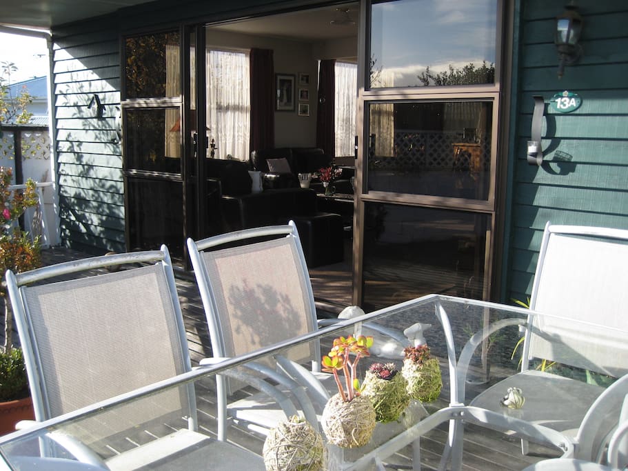 Sunny outdoor deck seating