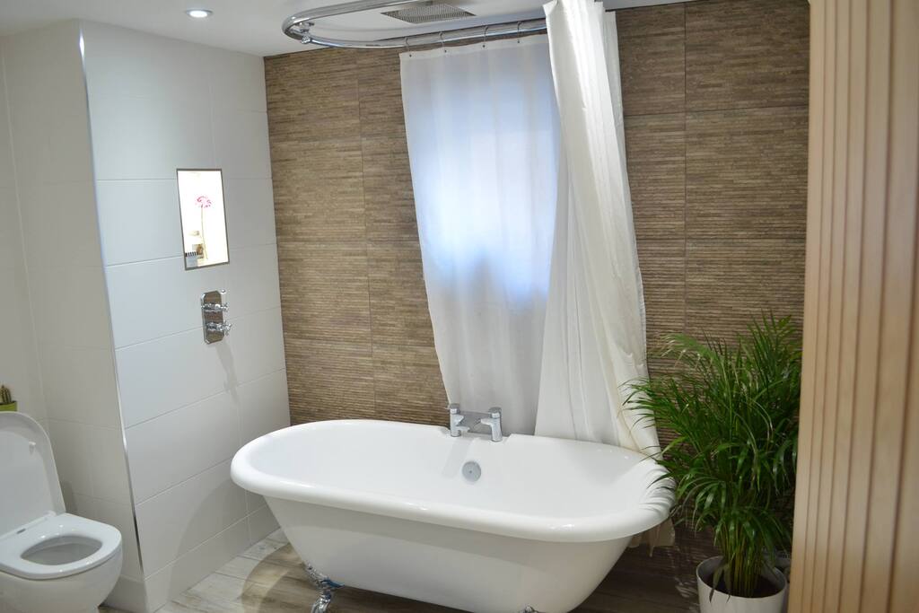 Bathroom with rainfall shower.