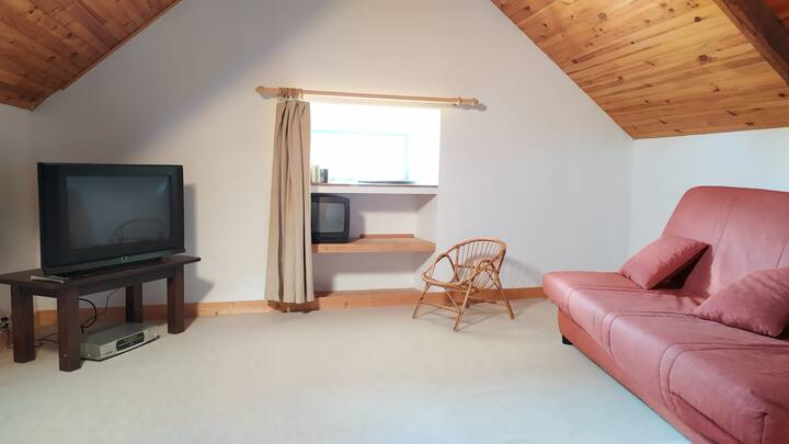 Upstairs bedroom with sofa bed and TV. 