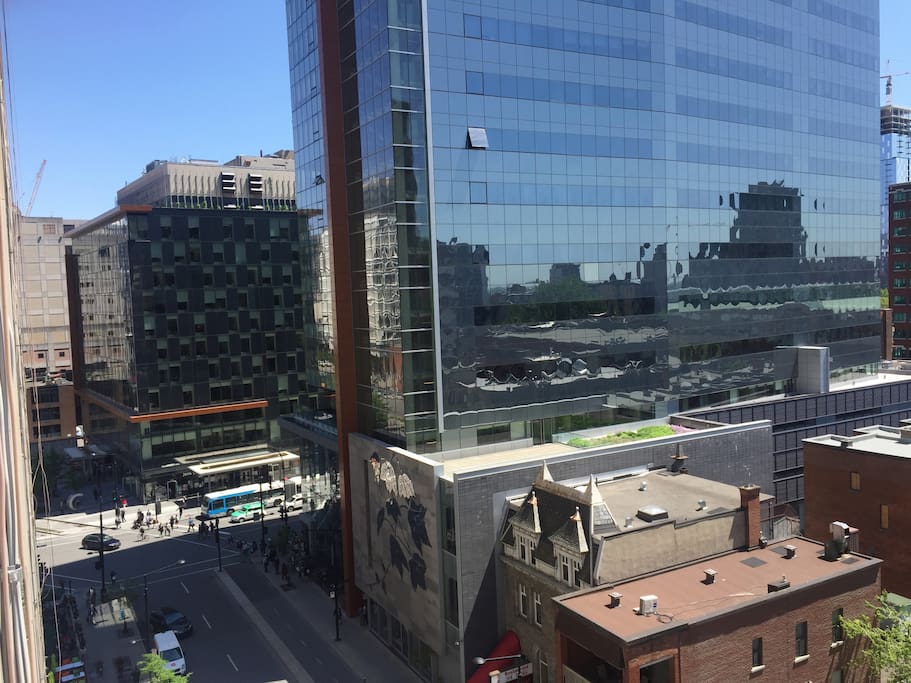 View from the balcony, 30 seconds from the metro station, located downtown!
