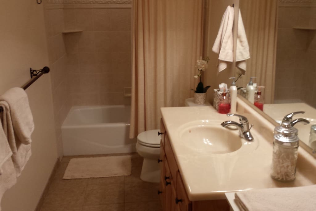 Full bathroom with heated tile floors, hair dryer and toiletries incl