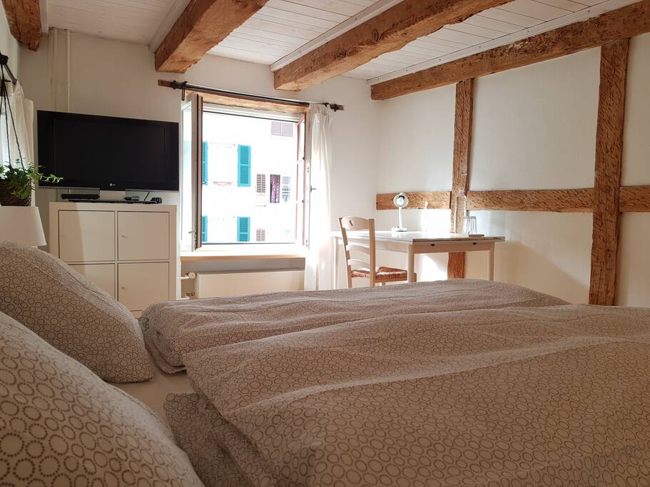 Das Schlafzimmer mit Arbeitsplatz & TV