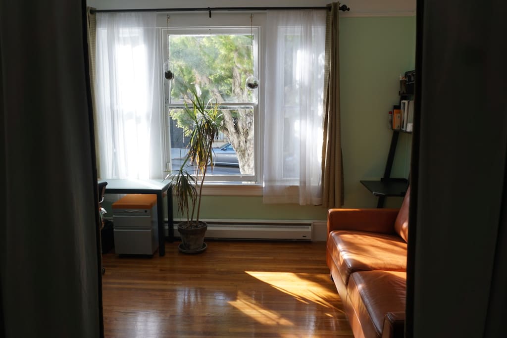View into front private room. American Leather sofa folds into a Tempur-Pedic queen sized bed. Two french doors with soundproofing and double blackout curtains on either side separate front private room from second bedroom.
