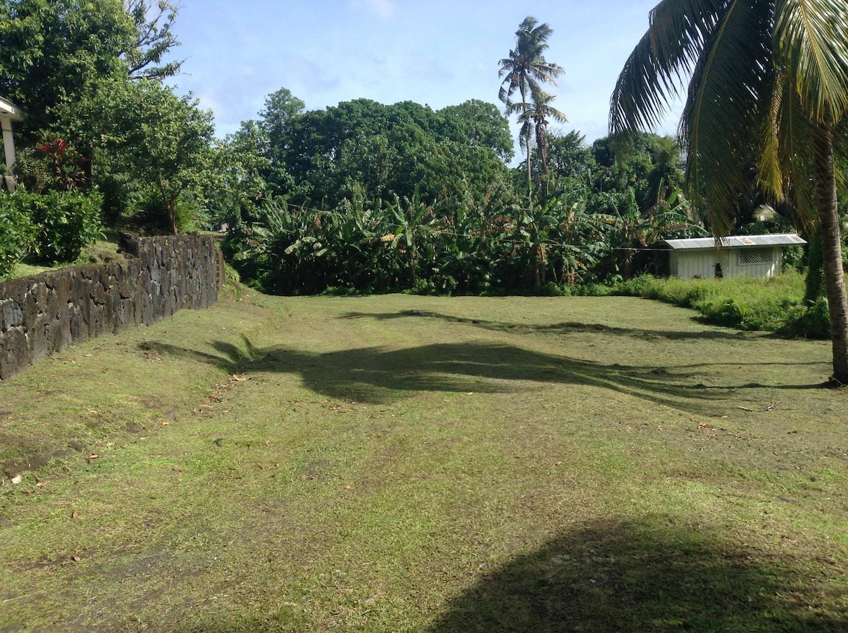 An open lawn area is shown, bordered by greenery and trees. In the background, banana plants and palm trees are visible. The space appears well-kept, with a mowed grass surface allowing for various outdoor activities.