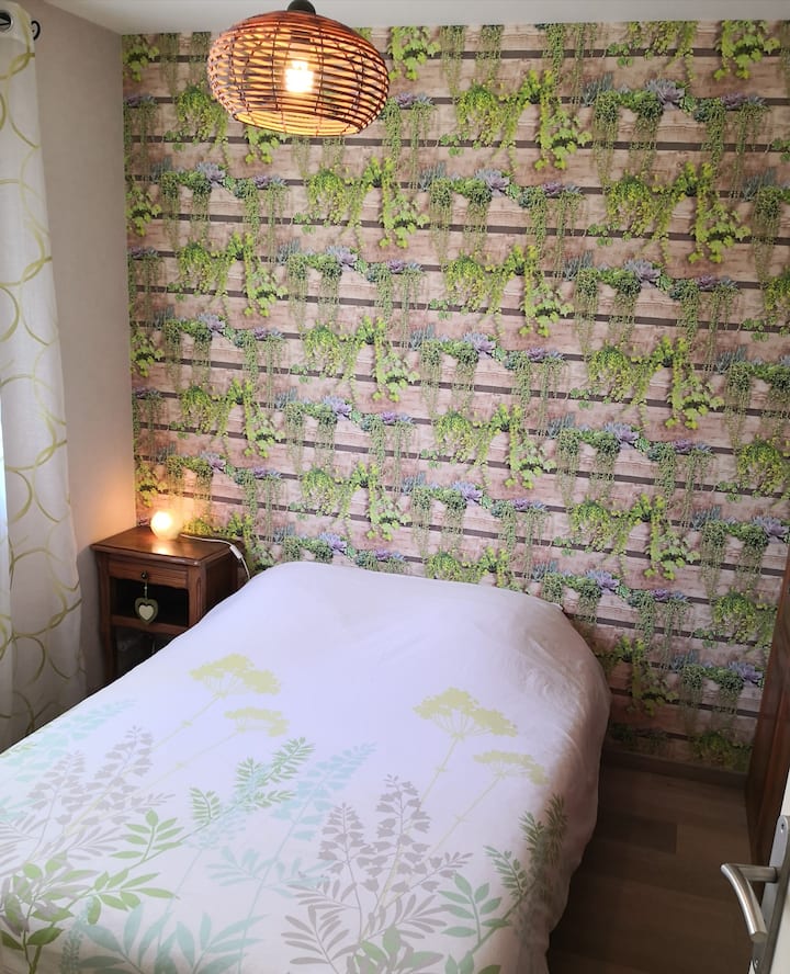 Chambre lit double avec placard intégré.