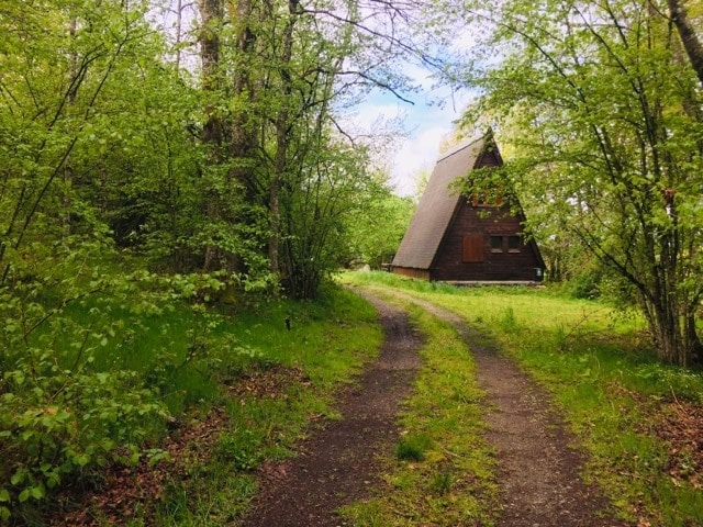A wooded path leads to a charming A-frame chalet nestled among lush greenery. The sloped roof and wooden facade of the chalet blend seamlessly with the surrounding nature, inviting visitors to explore the peaceful scenery.