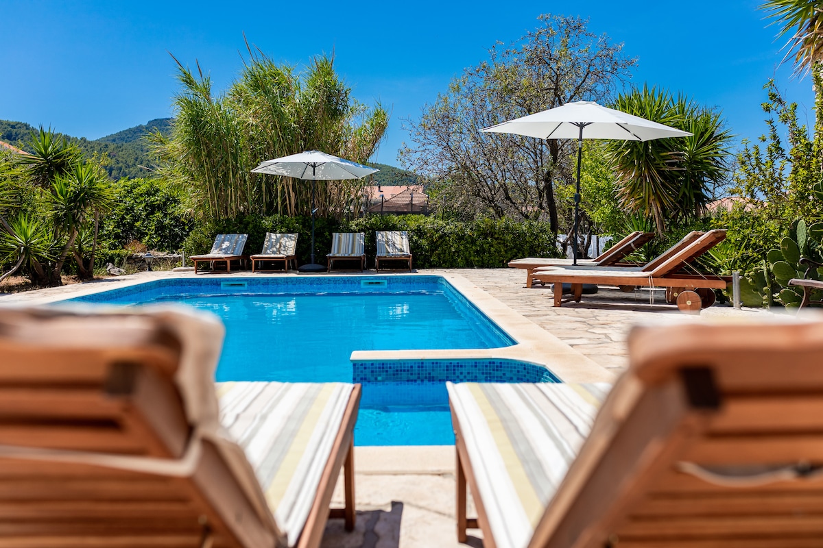 The outdoor area features a refreshing swimming pool surrounded by sun loungers and umbrellas. Lush greenery and palm trees provide a natural backdrop, while the clear blue sky enhances the serene atmosphere. A stone patio offers ample space for relaxation and enjoyment.