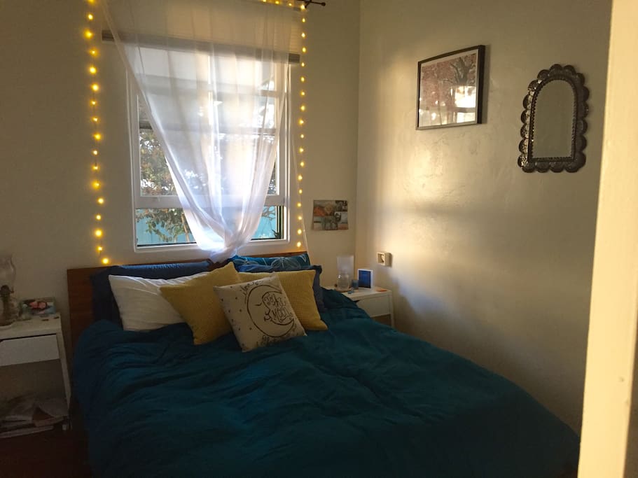 Queen size bed with pillow top. Closet space. Window looks out to garden area.