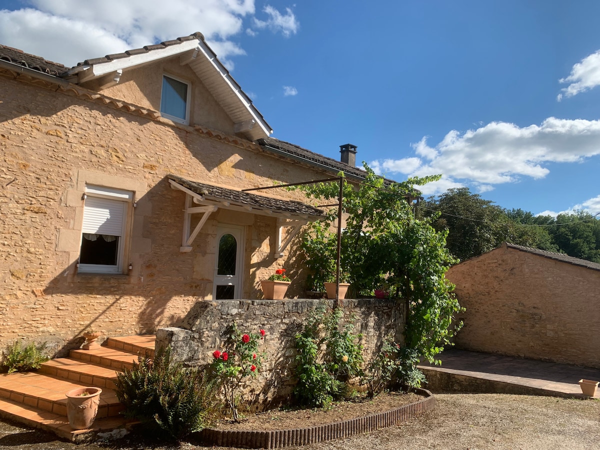 The exterior of a rustic house is showcased, featuring warm stone walls and a welcoming entrance. Flowerpots with blooming plants are placed near the entryway, while green foliage climbs a supporting structure. A clear sky with fluffy clouds is visible above, enhancing the serene atmosphere.