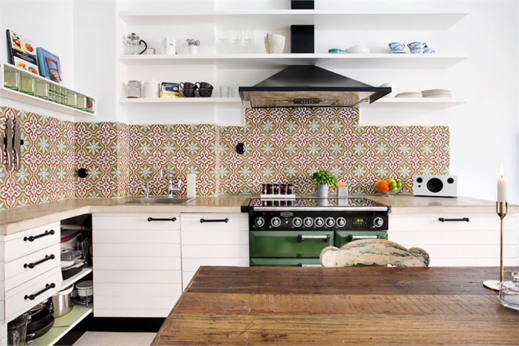 A fully equipped kitchen, with a BIG stove.