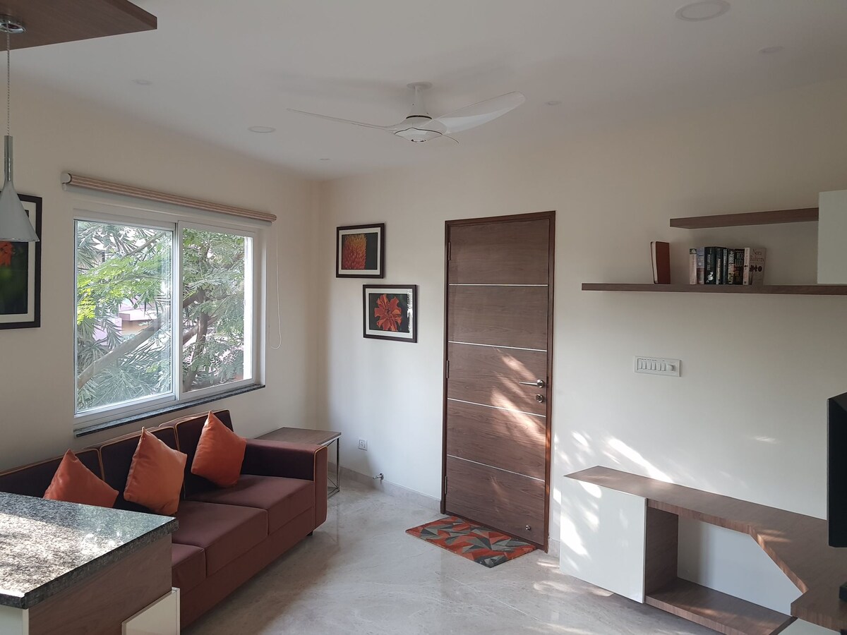 A well-lit living area features a cozy sofa with colorful cushions, set against a large window that provides natural light. A sleek wooden door and wall-mounted shelves add functionality, while framed artwork enhances the space's modern aesthetic.
