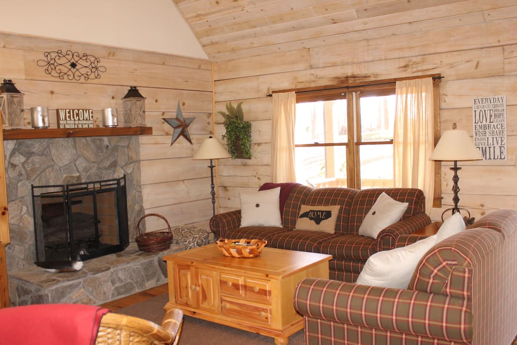 Family room with stone gas fireplace