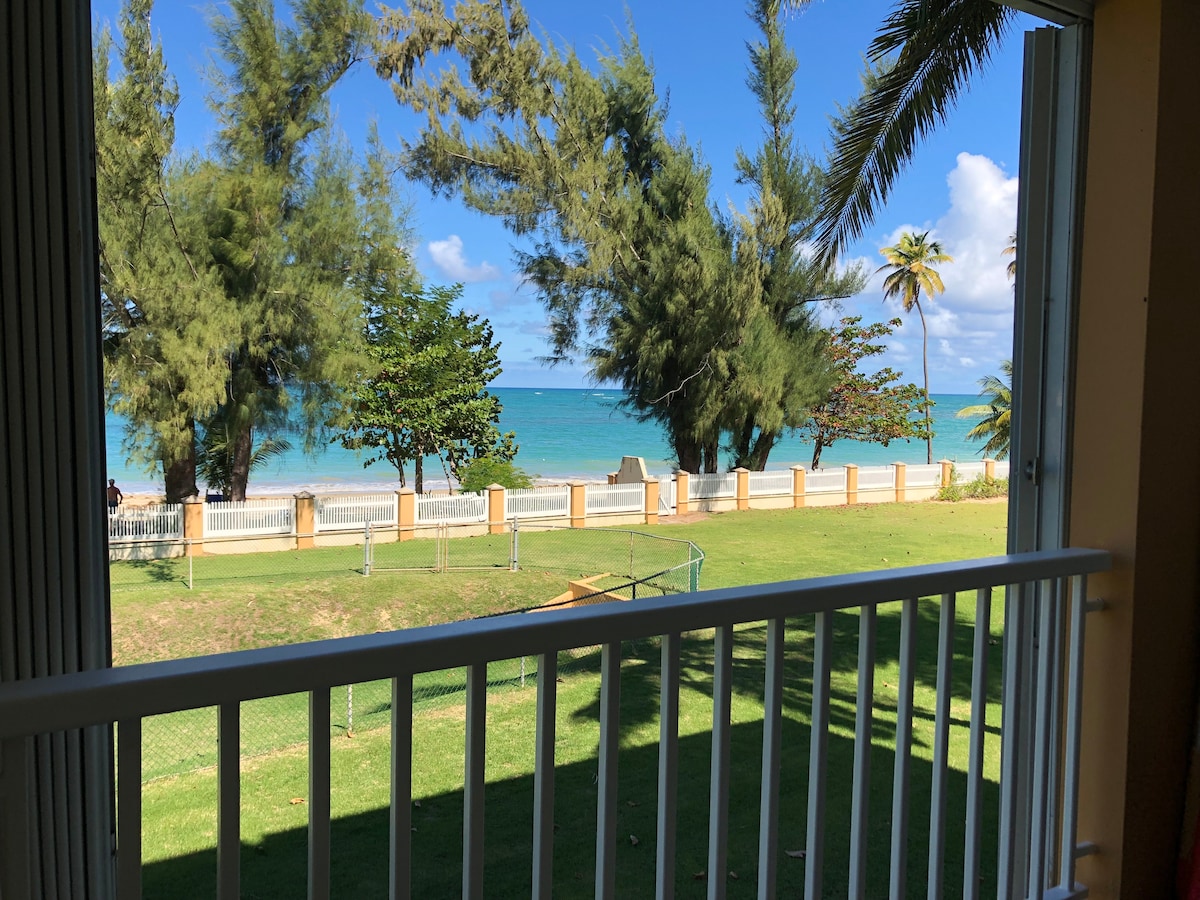 A view from the balcony displays vibrant green grass leading to the sandy beach and azure waters. Palm trees sway gently in the breeze, creating a serene atmosphere. The open space provides a clear sight of the beachfront and the distant horizon.