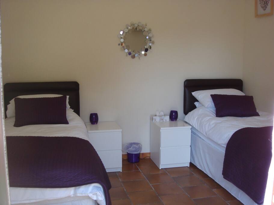 Twin bedroom facing the river with door directly into the garden and aircon. Beds can be made into a superking size double bed