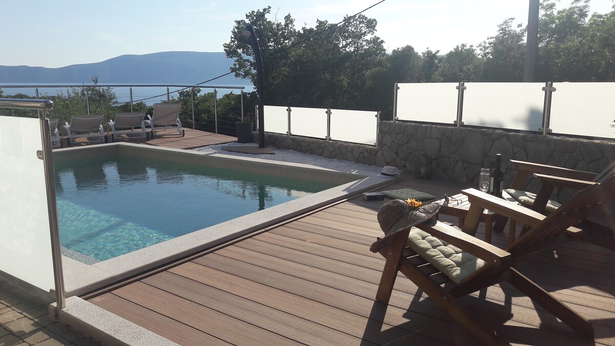 A serene outdoor area is highlighted by a private swimming pool surrounded by wooden decking. Lounge chairs are positioned nearby, offering a comfortable space for relaxation. The view captures distant hills and a clear sky, framed by a protective glass railing.