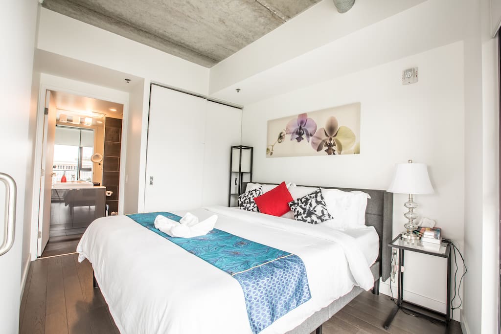 Brand new King size bed in the master bedroom with outstanding 12 inches memory foam mattress. A set of memory foam pillows and set of soft pillows. You will for sure enjoy your sleep!