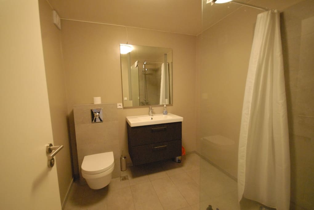 Bathroom with shower. (Nikon D200 Wide-view lens)