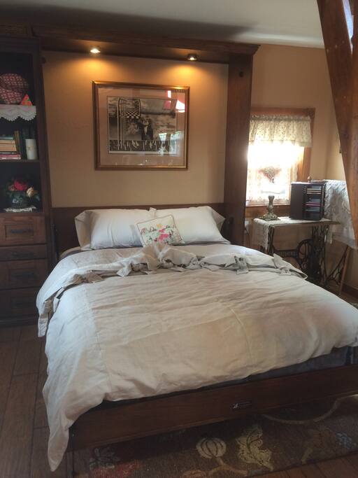 Queen Simmons Plush mattress, Murphy bed, USB ports next to bed