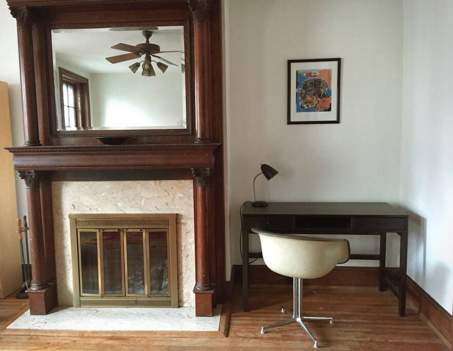 Working fireplace and desk area
