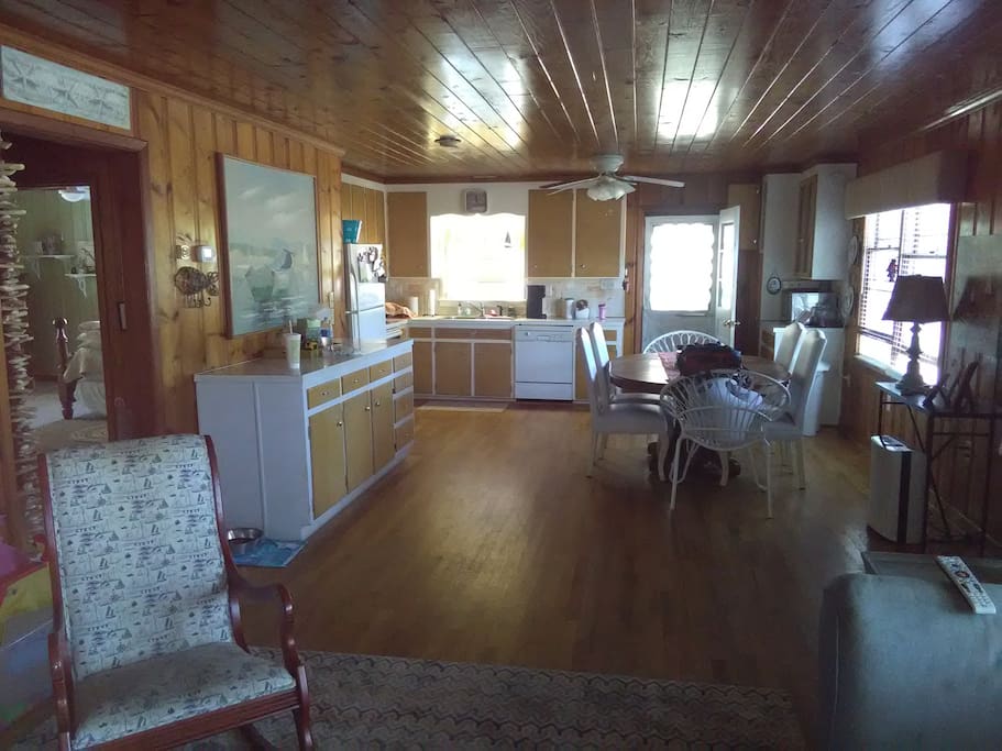open kitchen, dining, living area