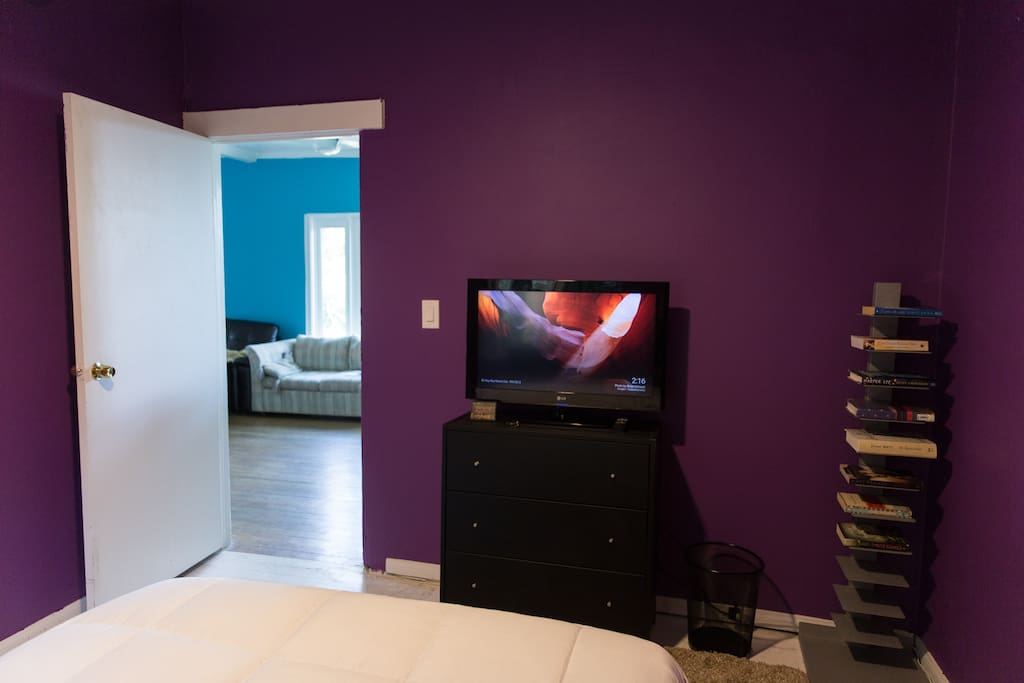 32" LCD TV with Google Chromecast and bookshelf with some great reads