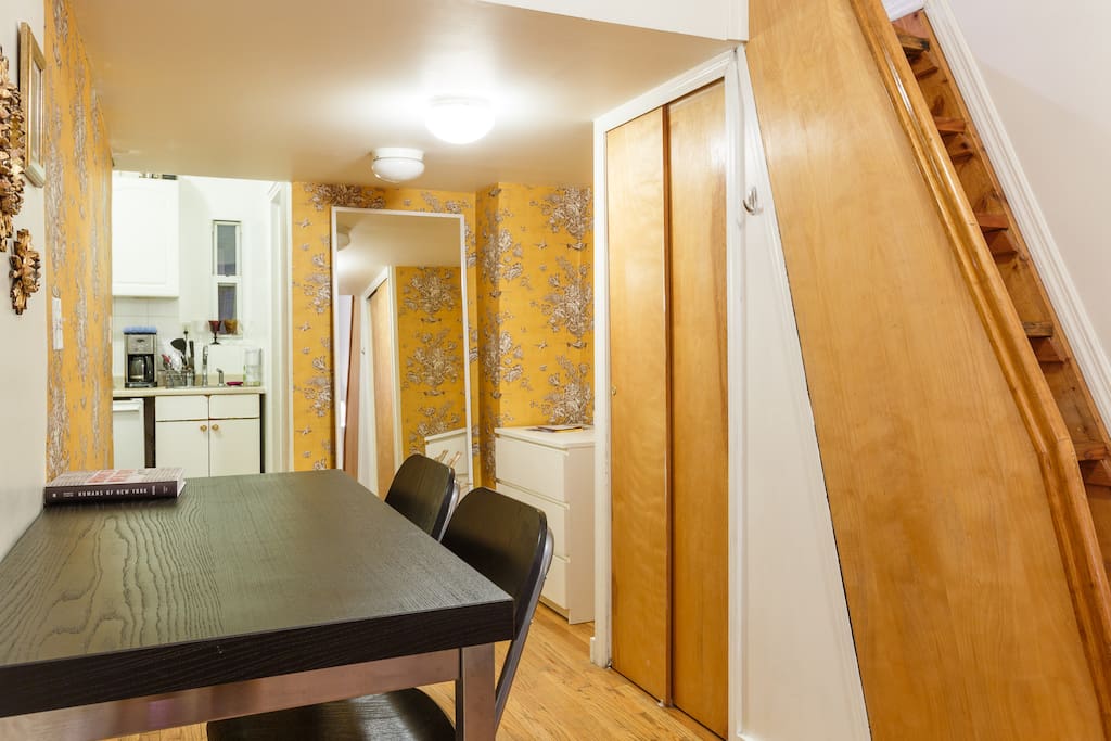 Dining and working area. Large mirror, drawer and closet, iron, hangers, extra towels. We have everything you may need for your stay.