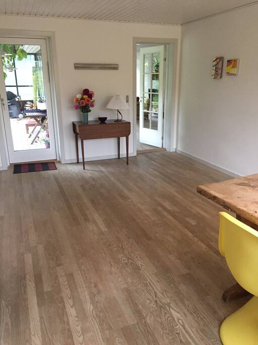 Our kitchen/dining area which is connected to the entrance hall and the spacious living room. From here you can move up a few stairs to the sloeeping area.
