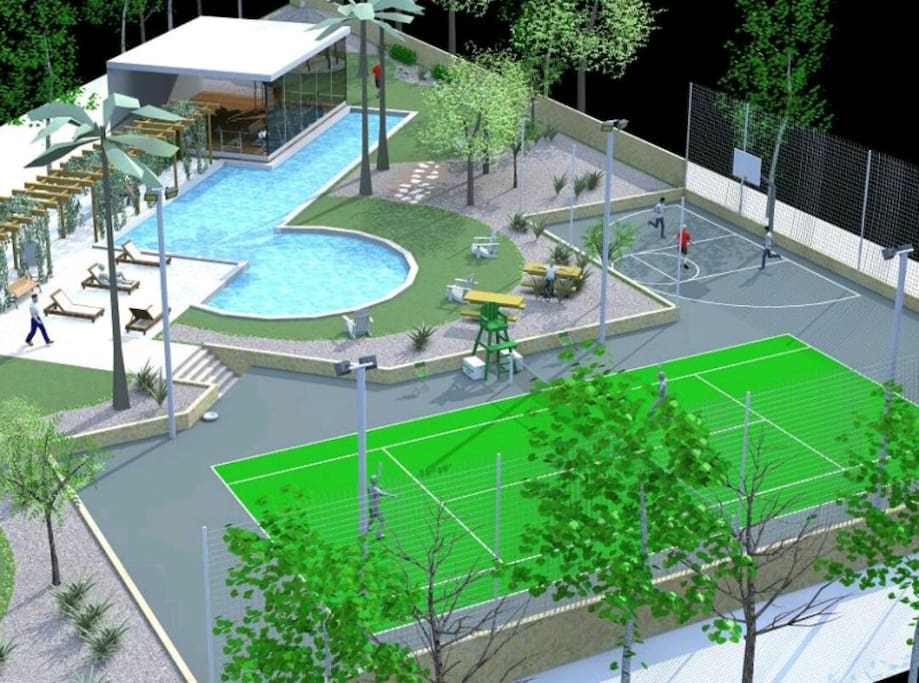 Free access to tennis courts, basketball court and swimming pool