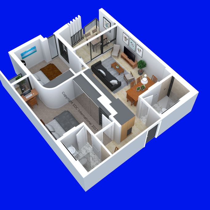 3D Apartment Model Angle #2. Furniture is indicative