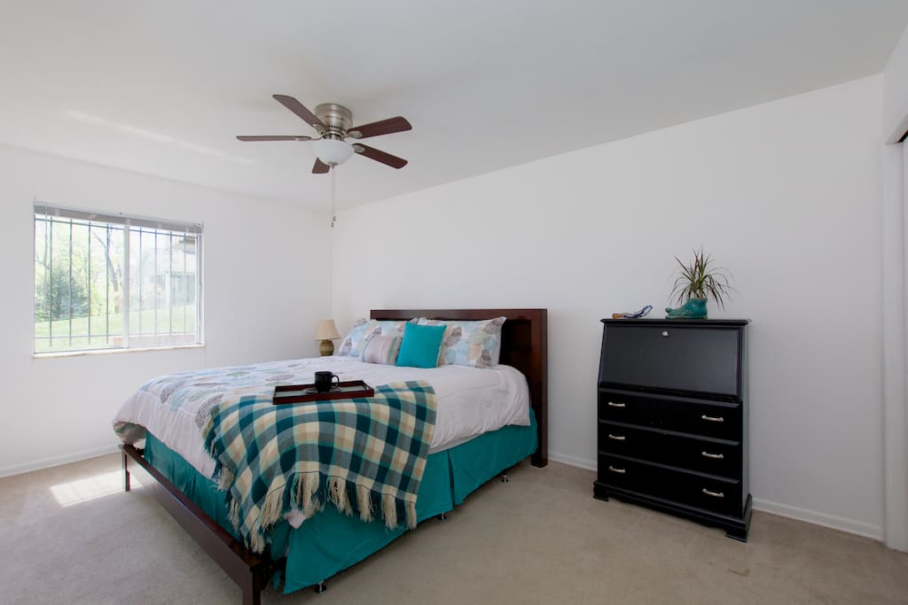 Master bedroom (King size bed), ceiling fan, desk, closet (can also provide queen air mattress as needed)