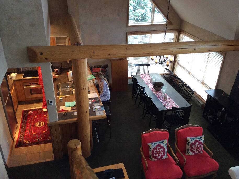 Open concept family room, dining room and kitchen.