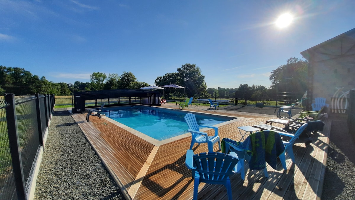 An outdoor swimming pool is surrounded by a wooden deck and rows of blue adirondack chairs. A shaded seating area is visible in the background, with clear skies and sunlight illuminating the scene. Lush greenery extends beyond the pool area, contributing to a serene atmosphere.