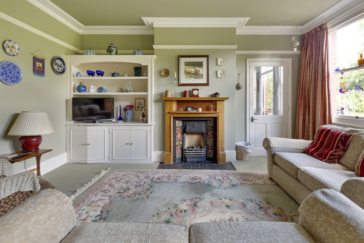 A cozy lounge area is presented, featuring a light green color scheme. Elegant shelving with decorative items sits above a built-in television unit. A decorative fireplace adds character, while a soft rug enhances the floor space, complemented by two sofas and natural light streaming through the window.