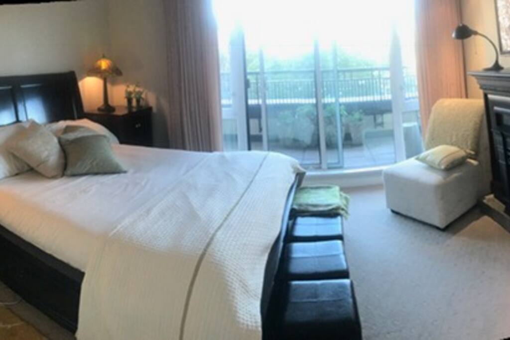 Quiet bedroom with gas fireplace, TV, and walk on deck. Walk in closet between the bedroom and bathroom.