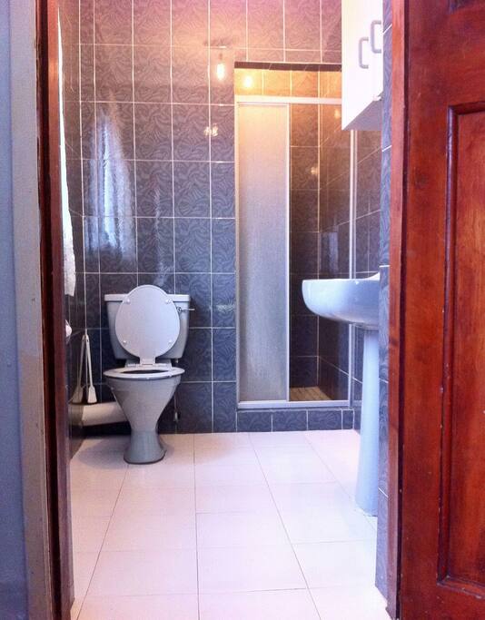 Gorgeous private bathroom, complete with shower.