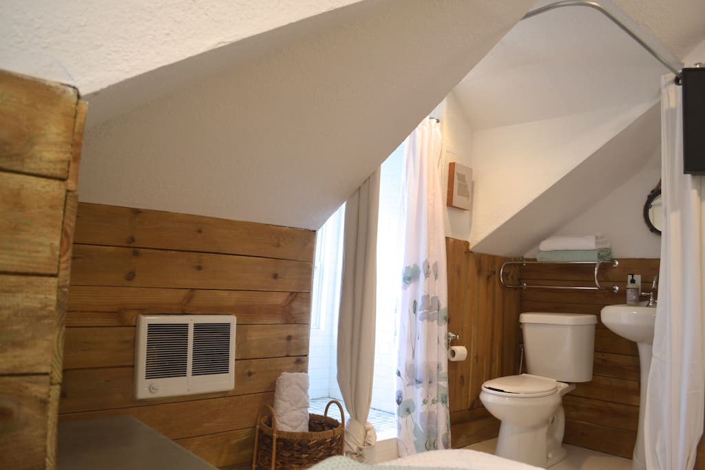 A wrap-around opaque curtain provides privacy while using the shower and toilet. Please note: there is no door.