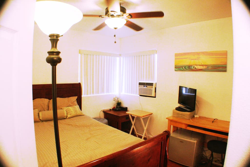 Guestroom1 (Queen Bed, TV, Mini-Fridge, Desk, A/C)